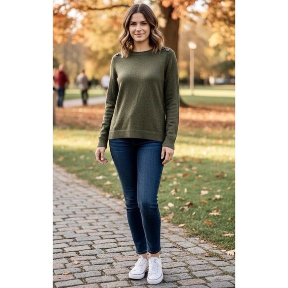 Women’s Olive Knit Pullover Sweater Button Shoulder Cozy Fall Casual Layering Lg - Picture 2 of 9